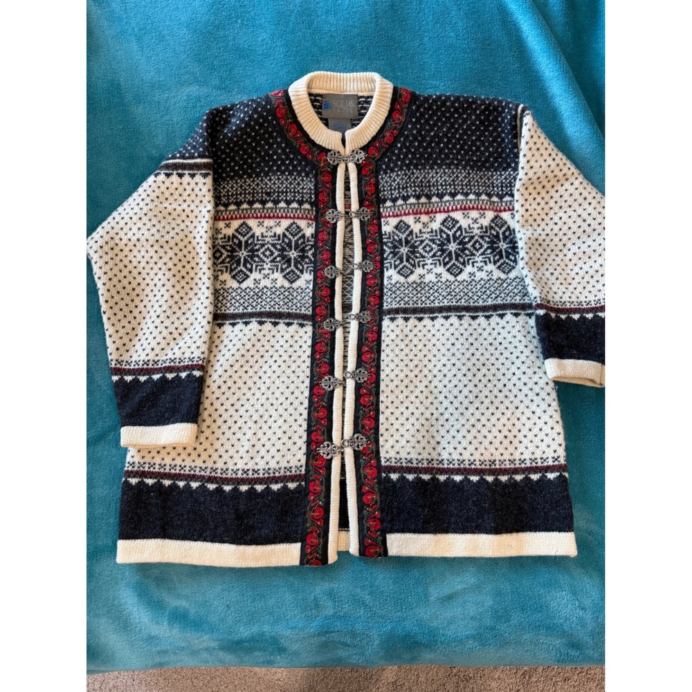 Squaw Valley Vintage Nordic Fair Isle Wool Cardigan Metal Clasps Cream L